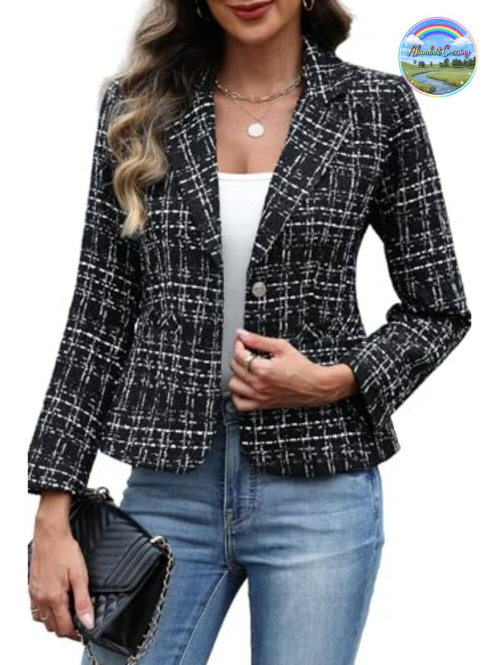 Women's Tweed Blazer Long Sleeve Button Business Casual Notch Collar